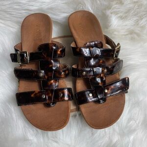 Vionic Radia Triple Strap Wedge Sandals Slides Brown Tortoise Shell